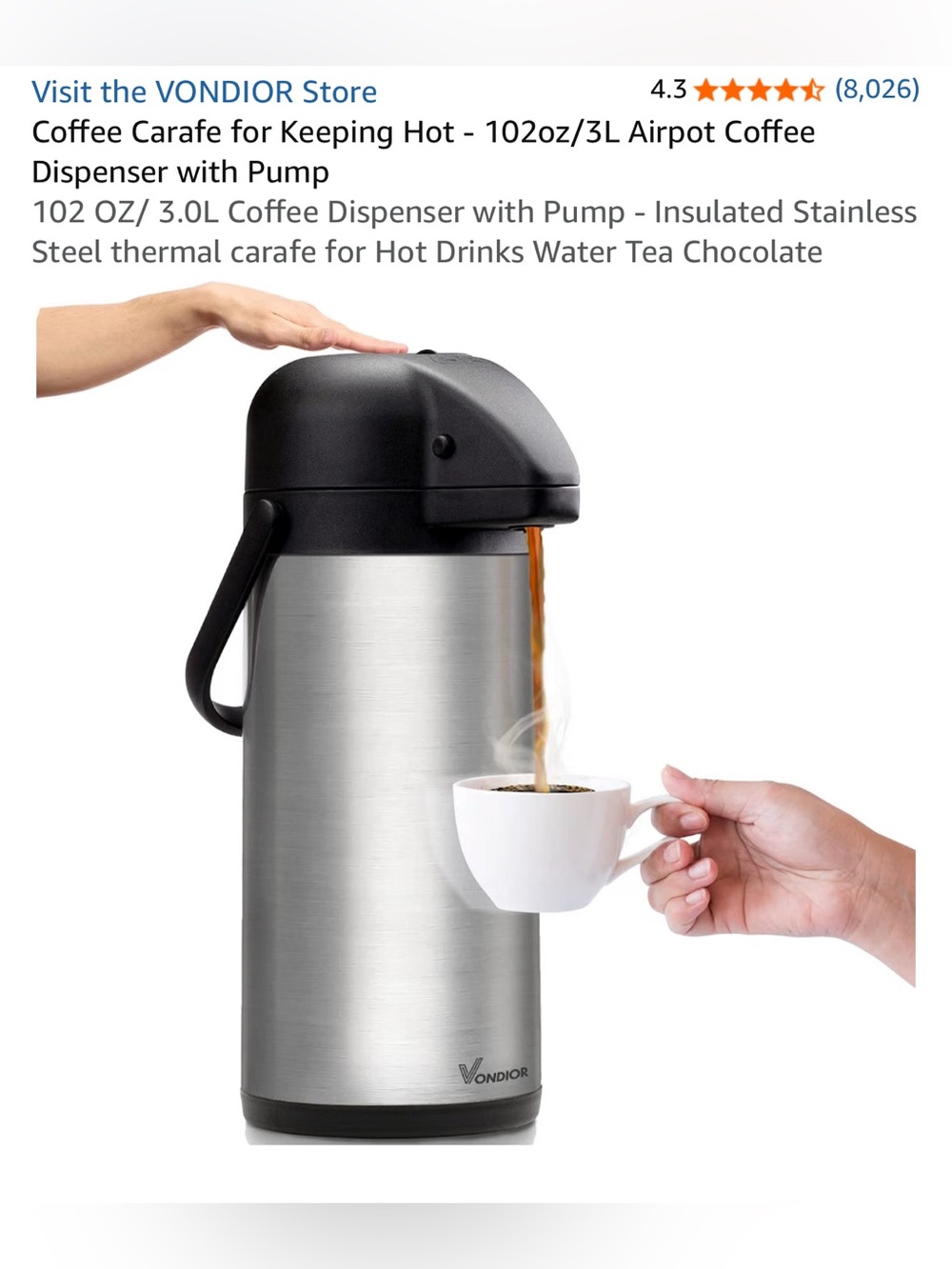 dispenser with pump- insulated stainless steel thermal carafe
